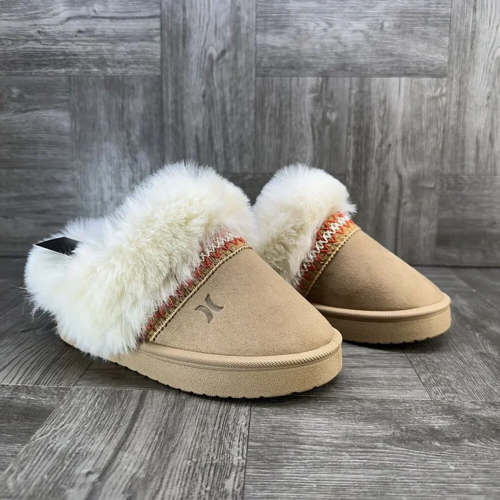 Hurley Kimmie-T Slippers Kids 10 Tan Faux Fur Trim Scuff Cozy‎ NEW